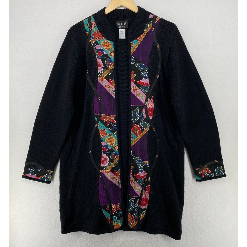 KOOS OF COURSE Sweater L Silk Wool Patchwork Coat Cardigan Art to Wear Black VTG